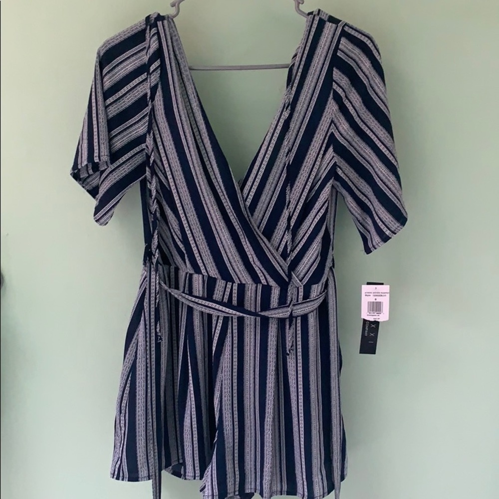 striped romper with tie belt and deep v back